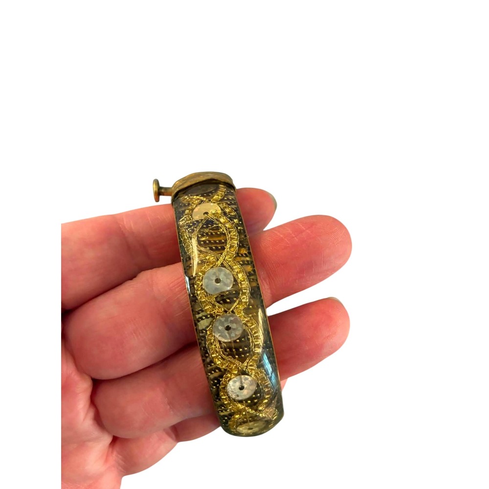 Vintage Gold Tone Lucite Hinged Bangle Bracelet Clear Confetti Inlay Retro Boho